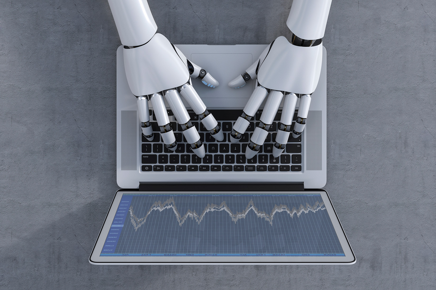 Robot typing on laptop